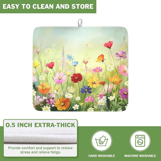 Spring Summer Daisy Dish Drying Mat 16 x 18 Inch Colourful Floral Pattern Dish Drainer Rack Mat Absorbent Microfiber Mats Holiday Dish Pad for Kitchen Coffee Dining Bar Decor