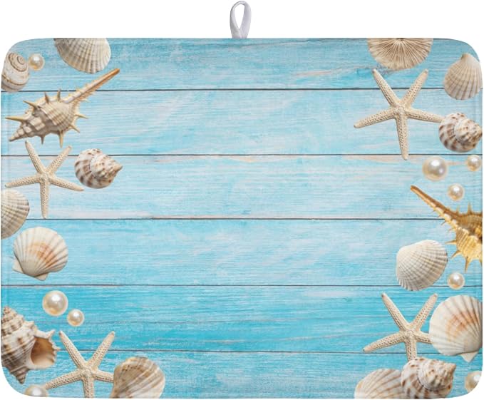 Summer Coastal Dish Drying Mat for Kitchen Counter Seashell Starfish Blue Wooden Board Microfiber Dish Drainer Mat Ocean Nautical Absorbent Washable Drying Pad Extra Large 18"x24"