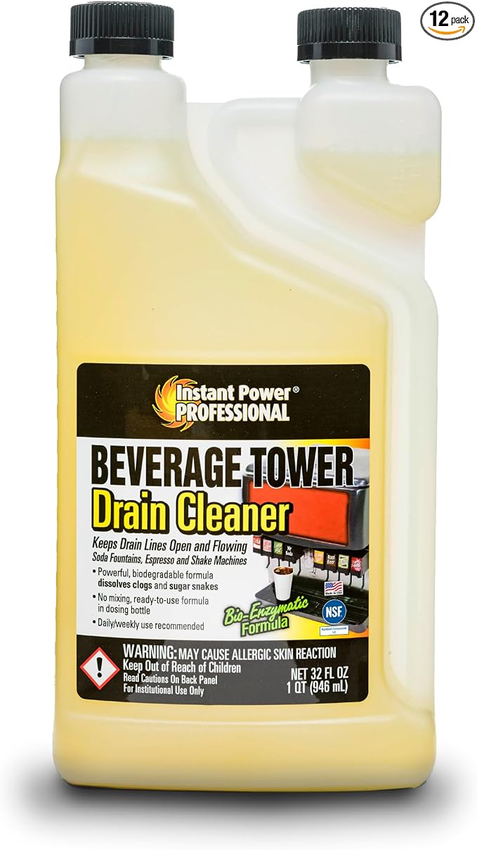 Instant Power Beverage Tower Drain Cleaner - Sink Clog Remover, Drain Defense for Beverage Systems, Made in USA - 32 Fl Oz 12 Pack