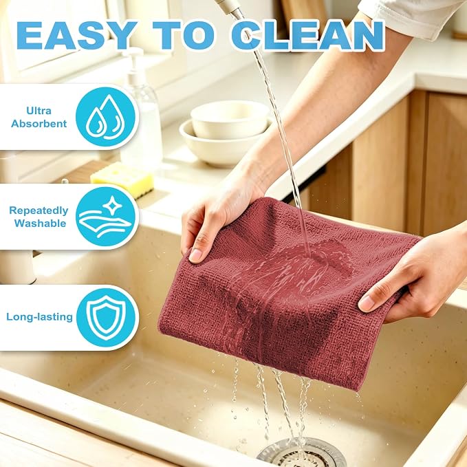 Puomue 55 Pack Microfiber Cleaning Cloth Roll, Tear Away Reusable Paper Towels, 11" X 9", Ultra Absorbent & Lint Free Microfiber Cloth for Cleaning Cars, Kitchen, Window, Home and Shop, Burgundy Red