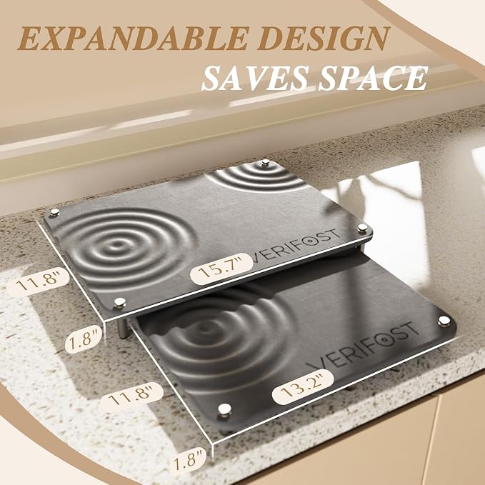 VERIFOST 2 Pcs Large Gray Stone Dish Drying Mat with Acacia Wood Holder Stand for 1 Inch Cutting Board and Fast Stone Drying Mat for Kitchen Counter with Non-slip Feet