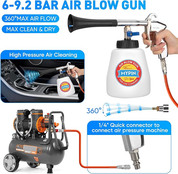 Aluminium Car Cleaning Gun Set with Tapered Nozzle, Car Air Blow Clean Gun | 6-9.2Bar High Pressure Cleaning Gun with 2 Set Nozzle, 1L Bottle, Auto Detailing Tool for Deep Cleaning Interiors/Exteriors