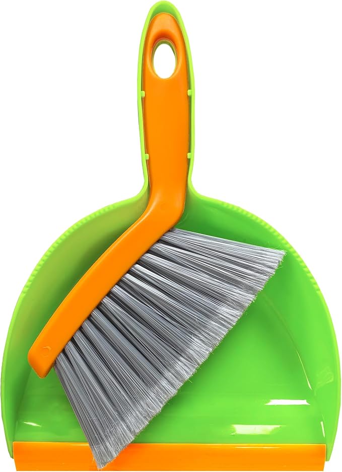 Mini Broom with Dustpan Combo Set Small Dust pan and Brush Set Quick Cleanup Debris Dust for Floor Countertop Worktop Desk Pet Cage (Green+Orange)