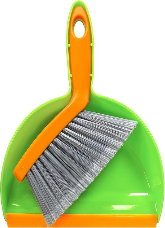 Mini Broom with Dustpan Combo Set Small Dust pan and Brush Set Quick Cleanup Debris Dust for Floor Countertop Worktop Desk Pet Cage (Green+Orange)
