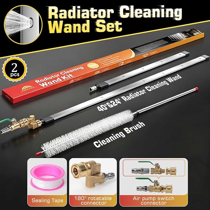 40" & 24" Upgraded Radiator Cleaning Wand Set(2PCS) | 25° Fan Nozzles,Water&Air Dual-Use,4500 PSI Pressure,Stainless Steel Washer Tool for Car,Truck and Other Vehicles