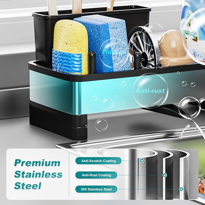 Ewaiira Stainless Steel Sink Caddy, Sponge Holder for Kitchen Sink with Brush Holder and Towel Rack, Sink Organizer for Countertop, Soap Kitchen Organizers Storage Essentials (A-Black)