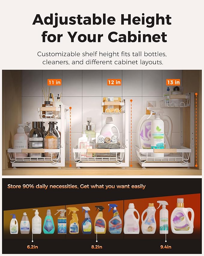Sevenblue 3 Pack Under Sink Organizer, Height Adjustable 2 Tier Pull-Out Metal Under Kitchen Sink Organizer, Multi-Purpose Storage Shelves for Kitchen Bathroom Cabinet, White