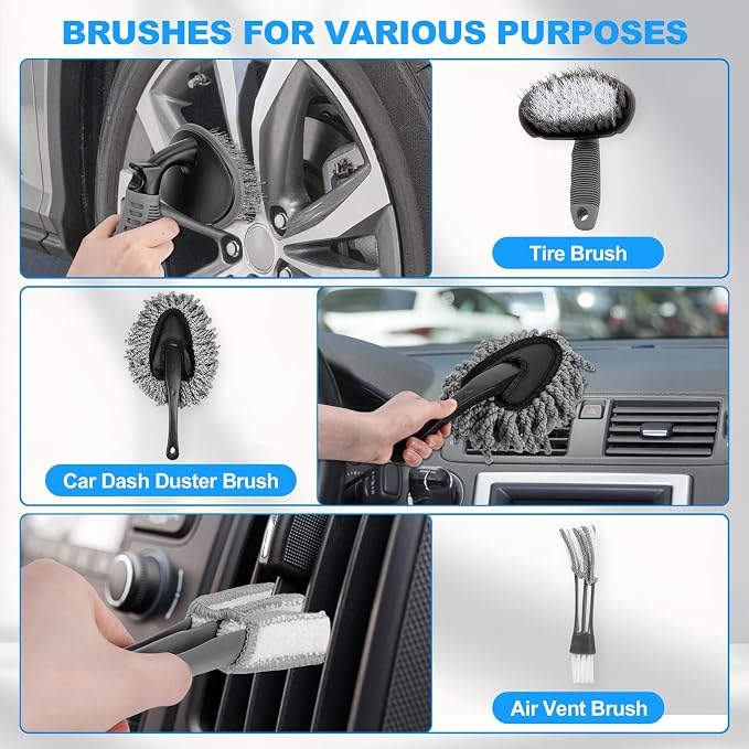 THINKWORK Car Detailing Kit with Multi-Size Drill Brushs & Extension Pole | 4 Drill Brushes, Deep Cleaning for Tires & Wheel Rims, Car Care & Cleaning Gray, Car Detailing Supplies, Gift, 27Pcs