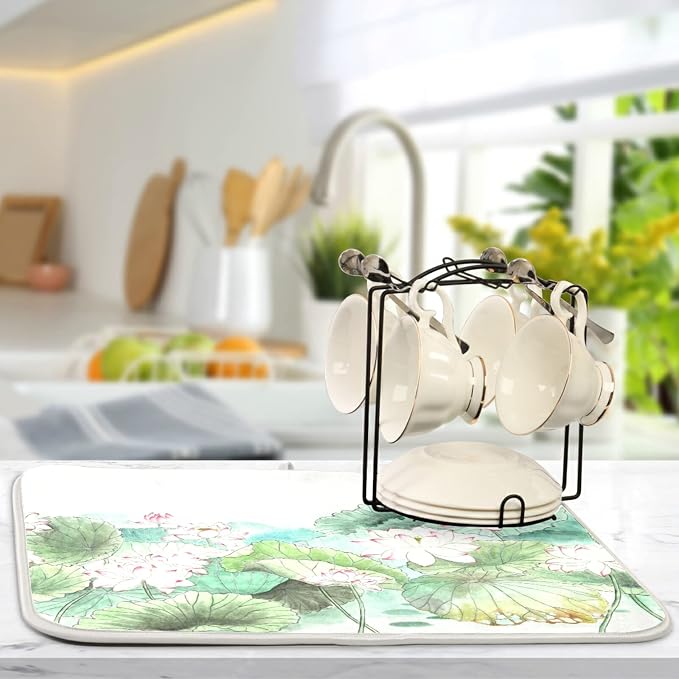 Absorbent Dish Drying Mat for Kitchen Counter - Lotus Watercolor Microfiber Drying Pad, Reversible Drainer Mats for Countertop, Lager 18 x 24 inch