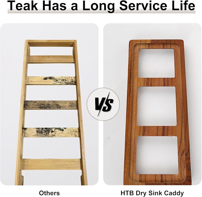 HTB Teak Instant Sink Caddy Organizer, Absorbing Stone Bathroom Tray White | Teak, Keep Dry, Caddy Organizer, Water Absorbing Stone, Non-Slip, Bathroom, Quick Drying, White