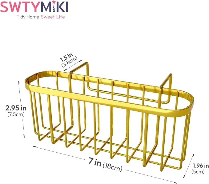 SWTYMIKI Sponge Holder for Kitchen Sink, Kitchen Sink Caddy Rustproof Sponge Caddy for Hanging 1.5” Middle Divider Double Bowl Sinks, No Suction Cups, Gold