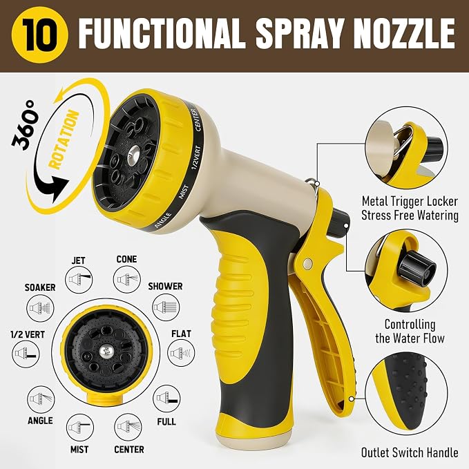 Garden Hose 100 ft x 5/8" with Nozzle, Water Hose Heavy Duty Flexible, Lightweight Kink-less Hybrid Hose with Swivel Handle, Male to Female Fittings