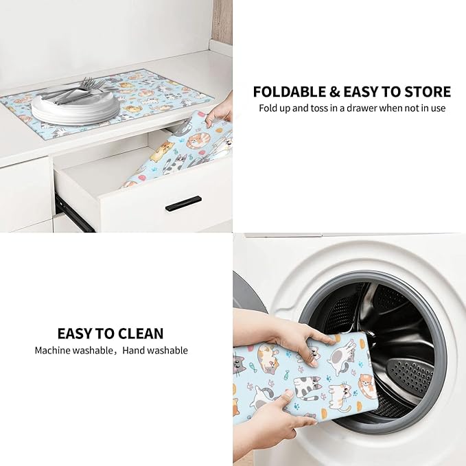 Cute Cat Dish Drying Mat for Kitchen Counter Cute Kitchen Dish Mat Microfiber Kitchen Countertop Absorbent Reversible Drainer Rack Pad