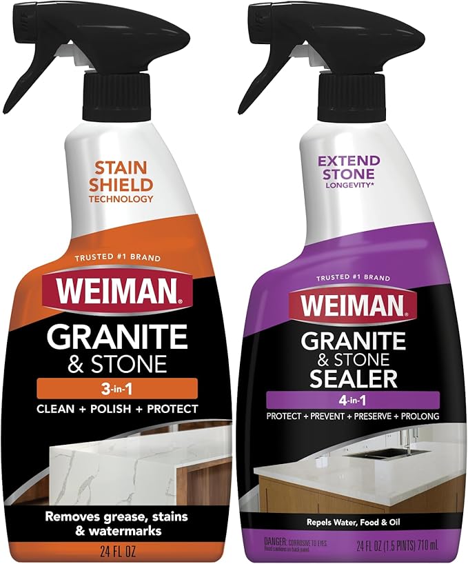 Weiman Stone & Granite Countertop Cleaner and Sealer Kit – Clean, Polish & Protect Natural Stone & Granite Sealer – Streak-Free – Safe for Granite, Marble & Quartz – 2 Pack (24 oz Each)