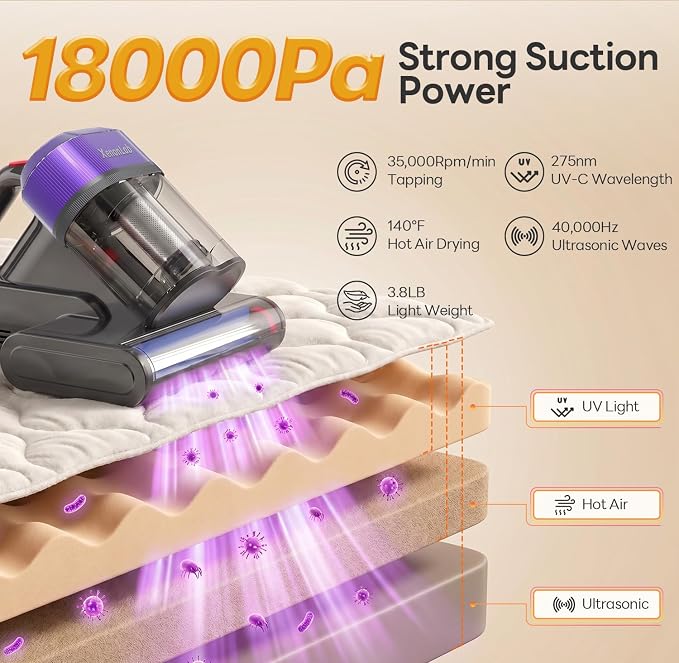 Mattress Vacuum Cleaner, 18000Pa Bed Vacuum Cleaner, 275nm UV-C Light & Ultrasonic 140°F Heat with High-Speed Deep Tapping, Versatile Handheld Vacuum for Bed, Sofa, Couch, Crib（Corded）