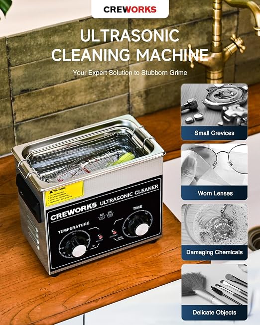 CREWORKS 3.2L Ultrasonic Cleaner with Heater & Timer, 304 Stainless Steel Sonic Cleaner, 0.8gal Ultrasonic Parts Cleaner with Knobs, 120W Professional Lab Ultrasonic Cleaner for Glasses Coin Microchip