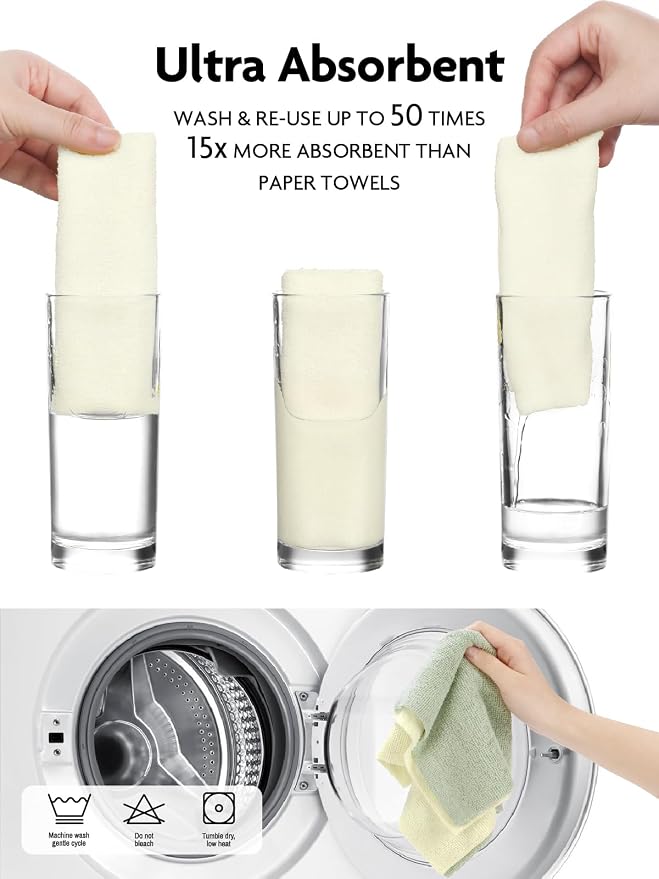 Fantasticlean Kitchen Towels Roll, 40 Sheets, 10''x 10'' (Beige, MossGreen) | Tear-away Dish Towels for Kitchen, Ultra Absorbent, Lint-free, Premium Microfiber Cleaning Cloths, for All-Purpose Cleaning