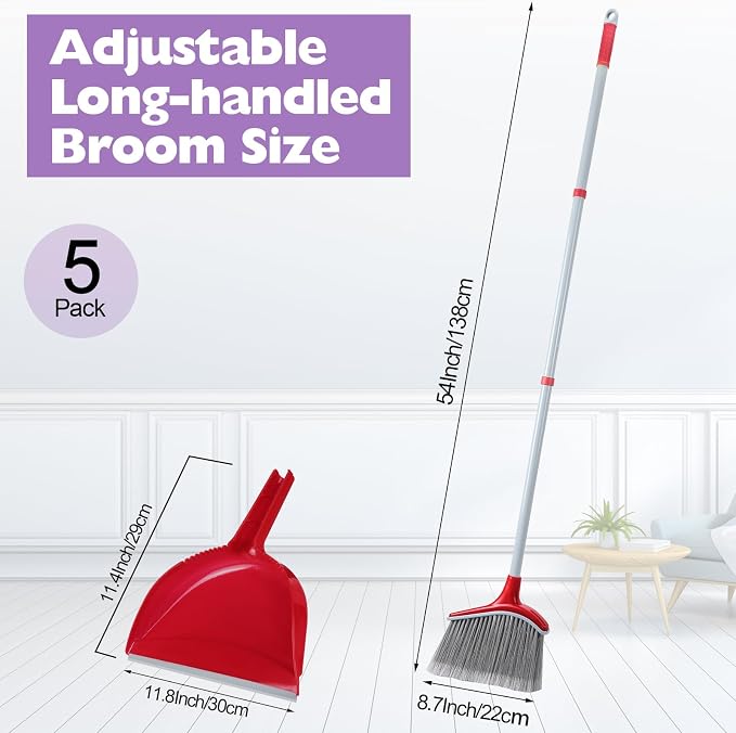 Meanplan 5 Pcs Angle Broom and Dustpan Combo Set for School Classroom 54'' Outdoor Indoor Cleaning Broom Commercial Broom with Step-on Dustpan for Home Kitchen Office Floor Dirt Dust Hair Cleaning
