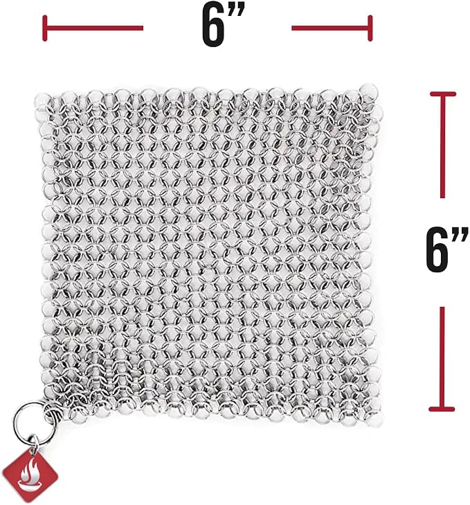 Knapp Made CM Scrubber 6" x 6" Small Ring Chainmail Cast Iron Scrubber, Premium Stainless Steel Mesh Cleaner for Pre-Seasoned Pans, Dutch Ovens, Grills and Skillets