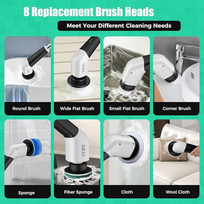 YKYI Electric Spin Scrubber, Cordless Power Scrubber Cleaning Tool with 8 Replaceable Heads and Extension Handle for Bathroom, Tub, Tile, Floor, Grout and Car (White) | 8 Replaceable Heads, Extension Handle, For Bathroom, Tub, Tile, Floor, Grout and Car