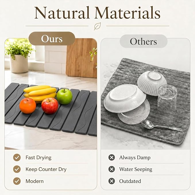 Large Stone Dish Drying Mat for Kitchen Counter, 2PCS Quick Dry Stone Dishes Mat, Foldable Water Absorbing Diatomaceous Drying Organizer Pad for Plates Rack Bottles Utensils(Wave, 24"×16" & 8"x4")