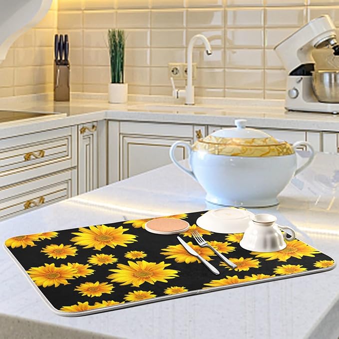 Absorbent Dish Drying Mat for Kitchen Counter - Yellow Sunflower Flowers Black Microfiber Drying Pad, Reversible Drainer Mats for Countertop, Lager 18 x 24 inch