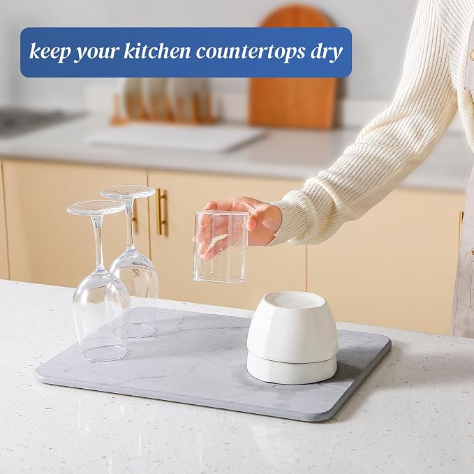 Quick Dry Stone Drying Mat for Kitchen Counter, Water-Absorbent Diatomaceous Dish Drying Mats, Multi-Purpose Stone Drying Tray for Cups Dishes Bottles