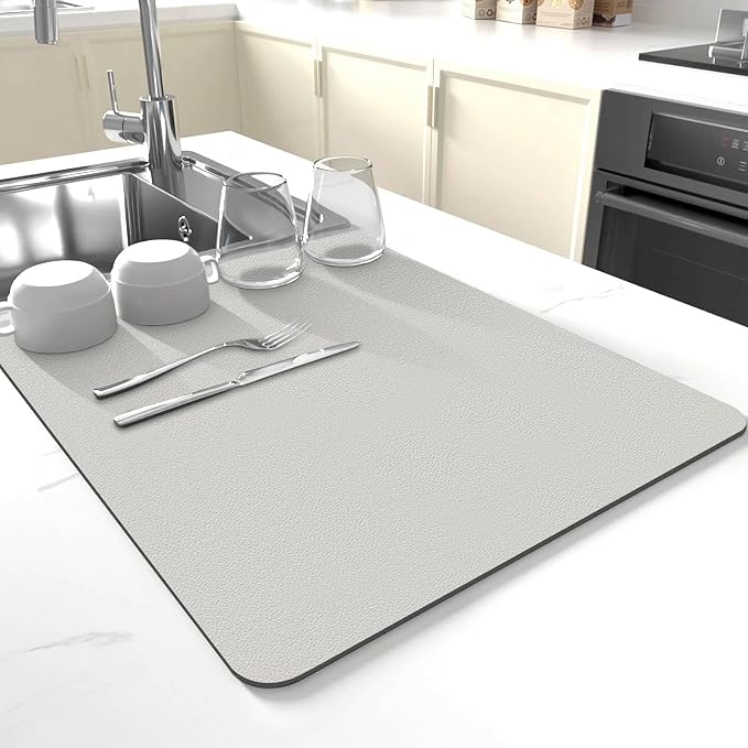 Dish Drying Mat for Kitchen Counter,Drying Mat for Dish Rack,Absorbent Hide Stain Rubber Mat,Coffee Mat, Kitchen Counter Mat (Light Gray, 12"x19")