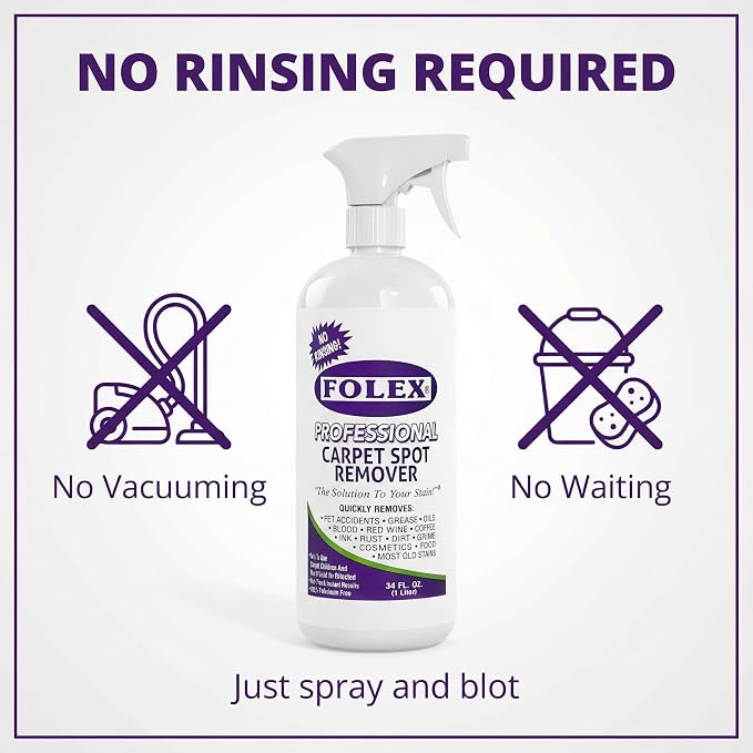 FOLEX - Professional Carpet Cleaner Spray 34 oz - Pet Stain Removal - Instant Stain Removal - No Rinsing Required - Safe for Pets - Works on All Fabrics