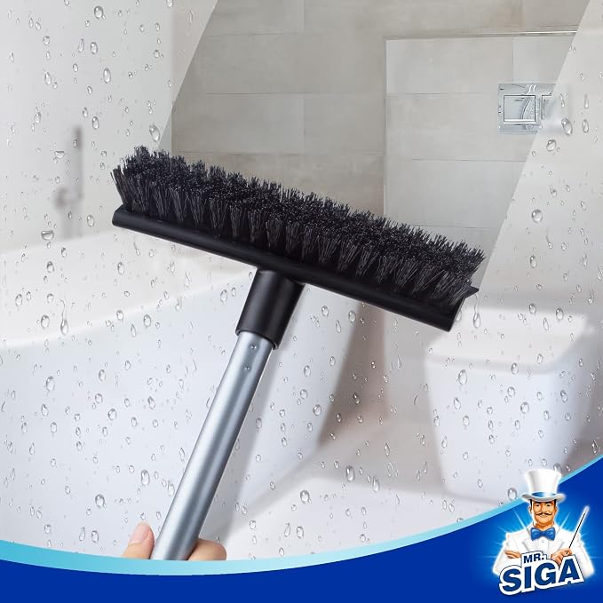 MR.SIGA Floor Scrub Brush with Long Handle for Cleaning Cleaning Bathroom | Shower floor scrubber, 2 in 1 scrubber and squeegee for cleaning patio, garage, wall, tile with stiff Bristles