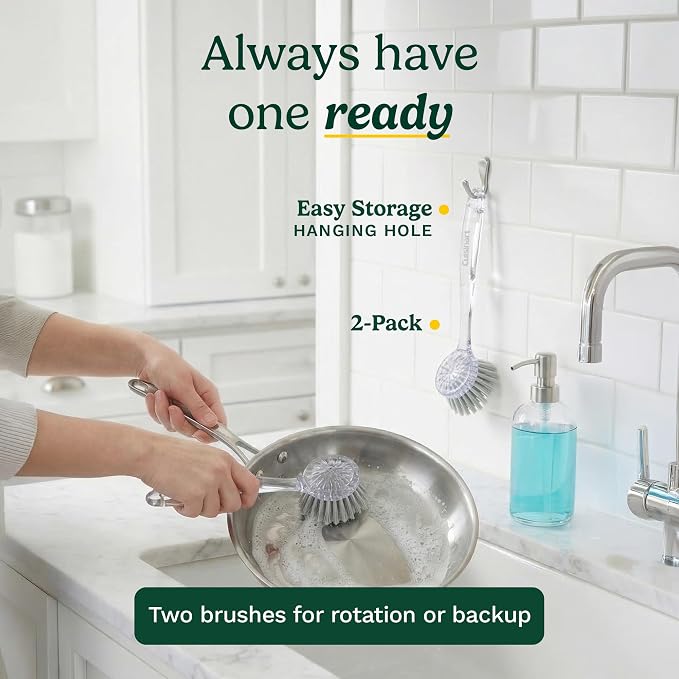 Cuisinart Dish Brush with Handle, 2 Pack, Firm Bristles | Multi-purpose dish scrubber for plates, pots, and pans, deep cleaning removes grease, safe for nonstick, round head