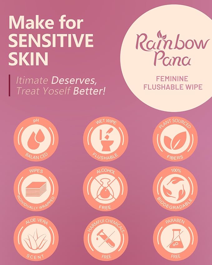 RainbowPana Feminine Wipes, 40 Count ON-THE-GO Individually Wrapped | Flushable Wipes, Travel Wipes for Women, | Aloe, Portulaca, Vitamin E | pH Balanced