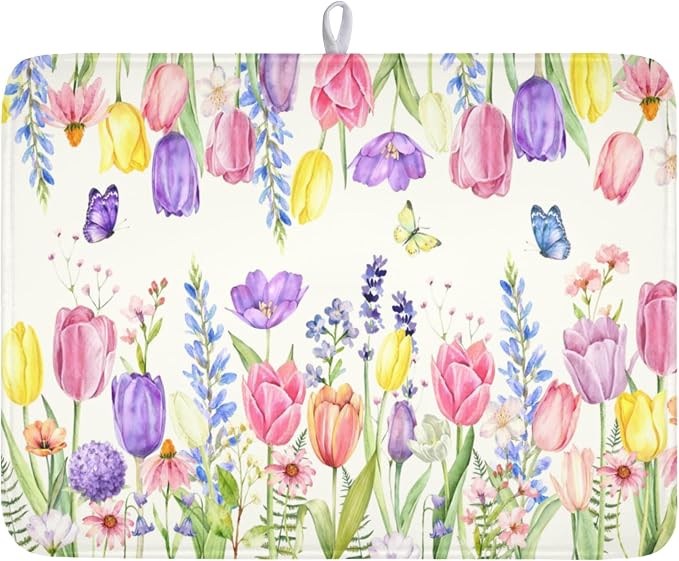 Spring Floral Dish Drying Mat for Kitchen Counter Easter Tulip Lavender Flower Microfiber Dish Drainer Mat Rustic Farmhouse Absorbent Washable Drying Pad Extra Large 18"x24"