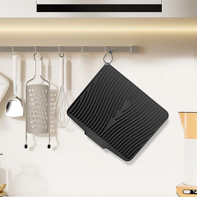 Silicone Dish Drying Mat for Kitchen Counter, 15.8"x13" 2Pcs Extra Large Non-Slip Drain Pad with Built-in Drainage, Heat Resistant Dishwasher Safe, Black