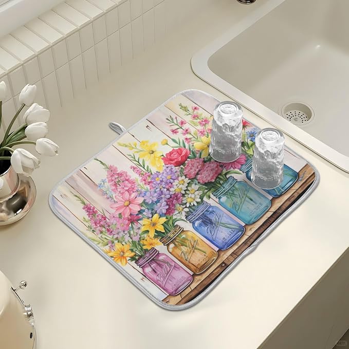 Spring Floral Jars Rustic Dish Drying Mat for Kitchen Counter Absorbent Microfiber Small Drying Pad Flowers Dish Mats for Kitchen Countertops 16 x 18 Inch