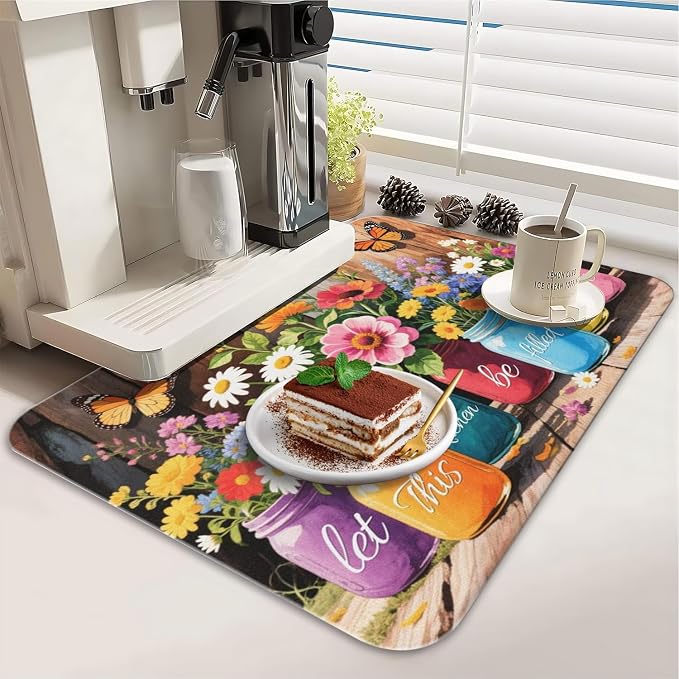 Dish Drying Mat 2-Pack in Mason Jar Floral for Kitchen Counter Dishes Mat | Diatom Mud Mats (18x24, 19.5x12"). Non-slip rubber back for kitchen counter, coffee bar & sink scenes