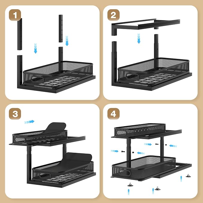 1 Pack Under Sink Storage Organizer with 2-Tier Slide Out Drawer, Sophisticated Mesh Pull Out Shelf for Kitchen & Bathroom, Fits Small Items, Upgraded Arched Track for Smooth Gliding-Black