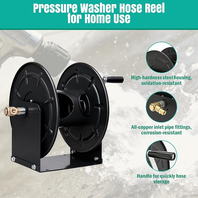 lesolar Pressure Washer Hose Reel,100FTx3/8'' / 200FTx1/4'' | Retractable Hand Crank Power Washer Hose Reel,Wall/Floor Mounted Heavy Duty Hose Reel for Water,Black