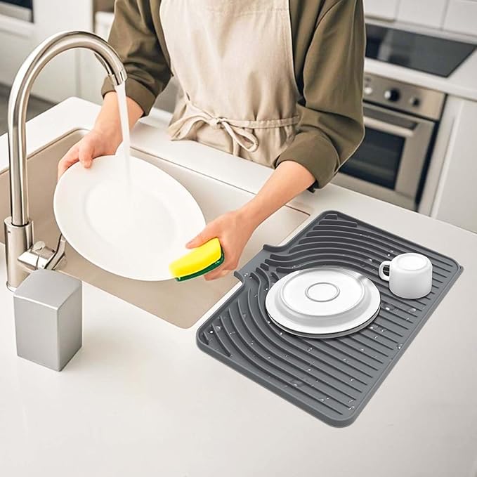 Dish Drying Mat for Kitchen Counter, with Built-in Drain Lip, 18x11.8 inch, Food-Grade Silicone, Easy Clean Pad for Countertop Protection, Heat Resistant, Easy Clean, Multi-Functional Use (Grey)