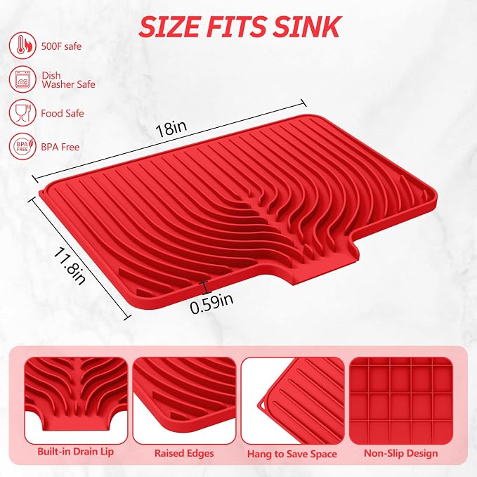 Dish Drying Mat for Kitchen Counter, with Built-in Drain Lip, Food-Grade Silicone, Easy Clean Pad for Countertop Protection, Multi-Functional Use (18x11.8, Red)
