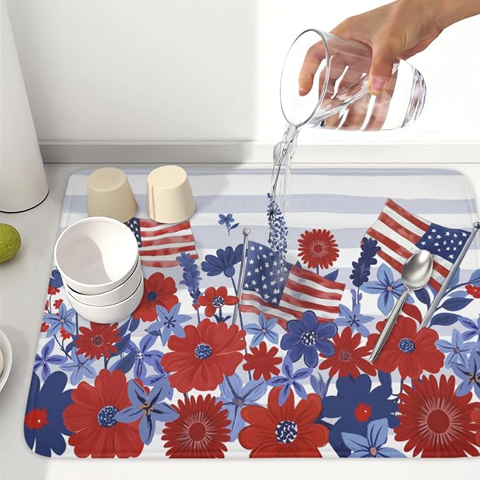 Patriotic Floral Dish Drying Mat for Kitchen Counter 4th of July American Flag Microfiber Dish Drainer Mat Red and Blue Flower Absorbent Washable Drying Pad 18"x24"