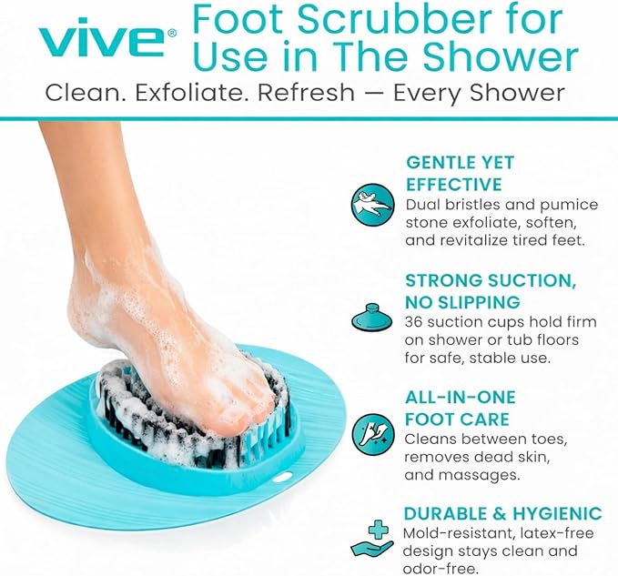 Vive Foot Scrubber for Shower Floor - Feet Cleaner for Dead Skin with Pumice Stone - Massager and Brush Exfoliating - Callus Remover, Improve Circulation and Relieves Pain - Nonslip Suction Cups