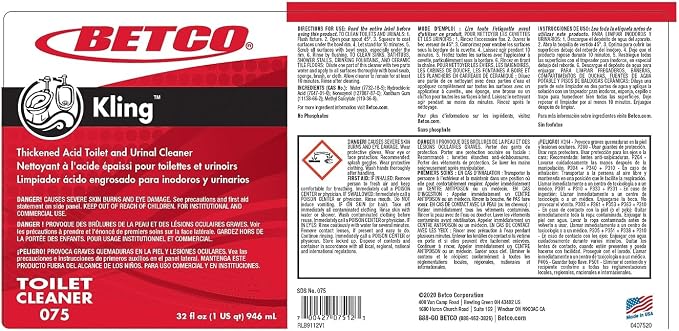 Betco® Kling Toilet Bowl Cleaner, Mint Scent, 32 Oz Bottle, Case Of 12