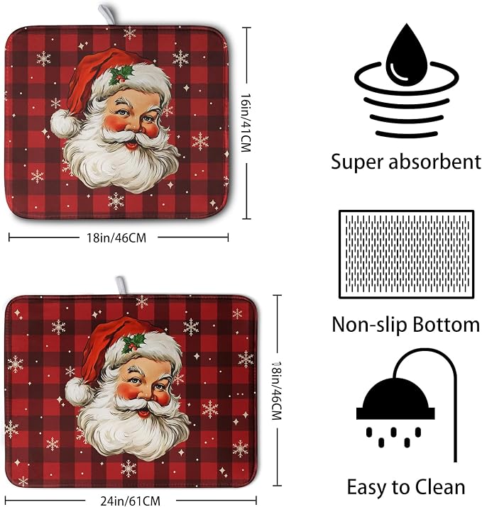Santa Claus Christmas Dish Drying Mat Xmas Red and Black Buffalo Plaid Snowflake Drying Mats Winter Holiday Dishes Drying Pad Microfiber Absorbent Dish Drainer Rack Mat 16x18 Inch