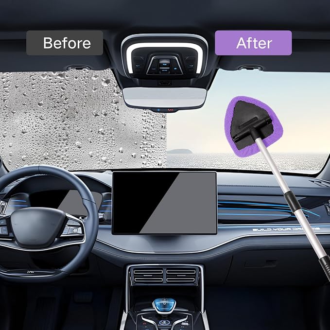 Qydipclin 11pcs Windshield Cleaner Tool, Car Window Cleaning Wash Kit with 6 Reusable Microfiber Pads 2 Spray Bottles and Extendable Handles Auto Glass Wiper Kit, Purple