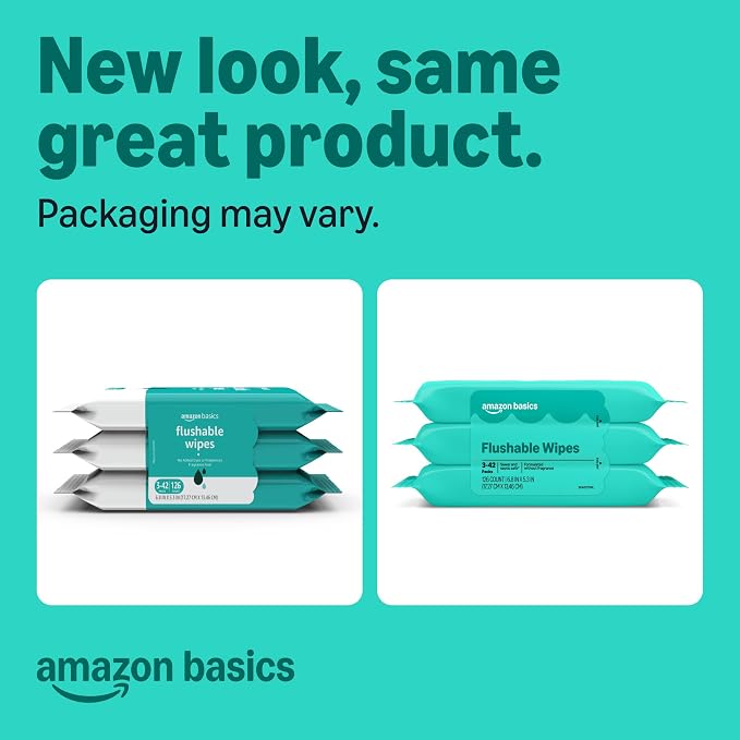 Amazon Basics Flushable Adult Toilet Wipes, Fragrance Free, 42 Count (Pack of 8) (Total 336 wipes) (Previously Solimo), Packaging May Vary