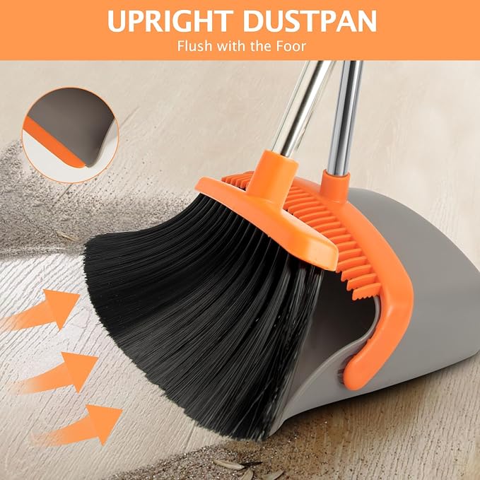 2-Pack Broom and Dustpan Combo Set, Long Handle, Gray Orange | Standing Dustpan, Heavy Dust,House Accessories for Home, Kitchen, Office, Pet Hair