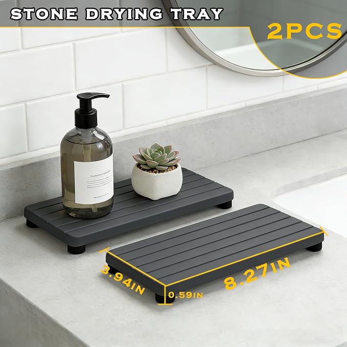 2PCS Stone Drying Tray, Water Absorbing Stone Tray for Sinks, Neat Diatomite Sink Trays, Fast Drying Kitchen Sponge Hand Soap Holder, Instant Dry Sink Coasters Used for Bathroom Counter -Dark Gray