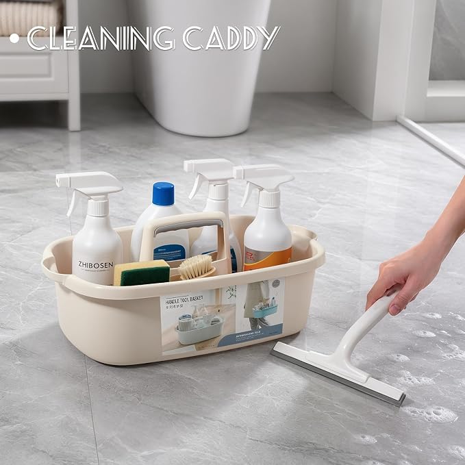 Large Cleaning Supplies Caddy Portable Shower Caddy Basket Beige | Sturdy Supply Organizer with Handle Plastic Bucket Tool Storage for Bathroom Bedroom Kitchen Garden College Dorm Essentials