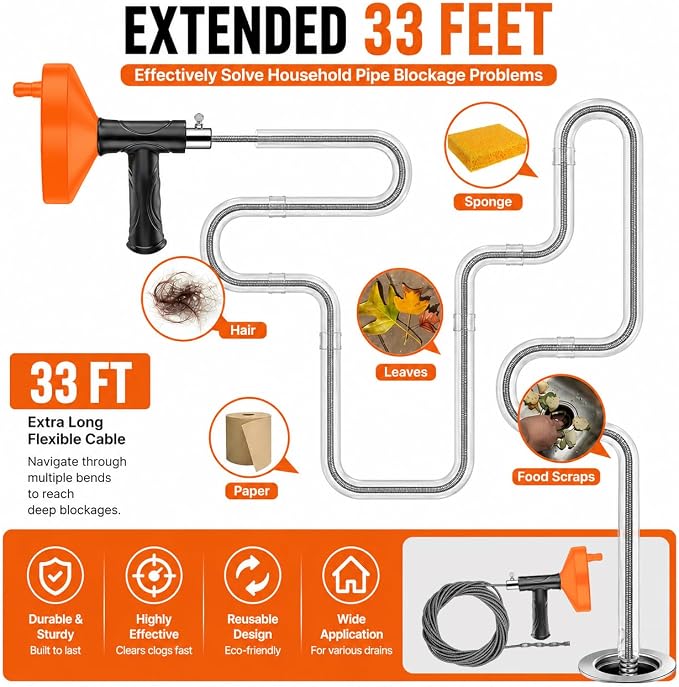 33 Feet Drain Snake Auger, Plumbing Snake Drain Hair Clog Removal Tool, Sink Unclogger Drain, Heavy Duty Drum Auger, Cleaner Tool for Bathroom Kitchen Tub Shower Drain Clog Remover with Gloves，Orange